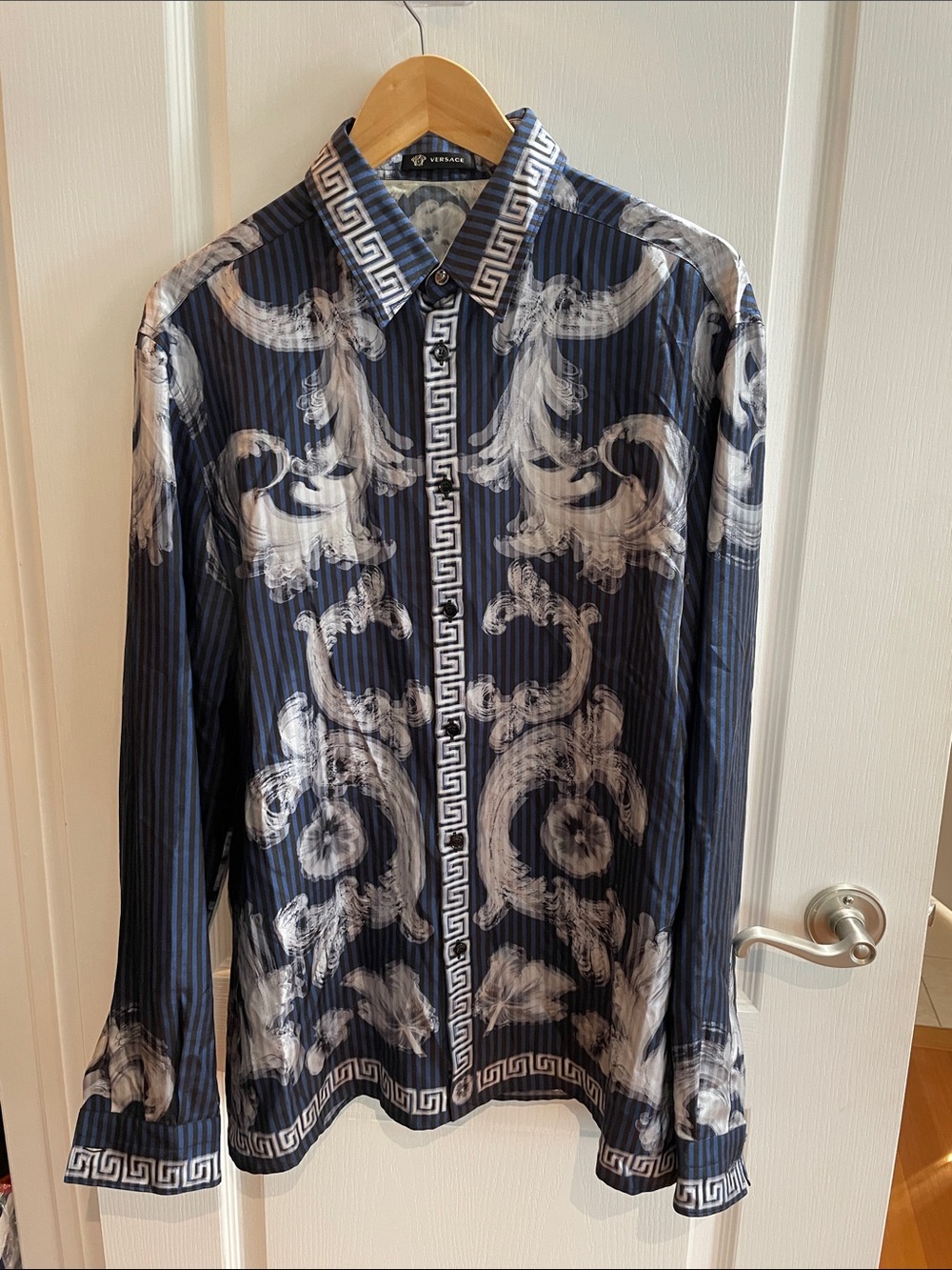 Versace Navy and White Baroque-Print Long Sleeve Dress Shirt